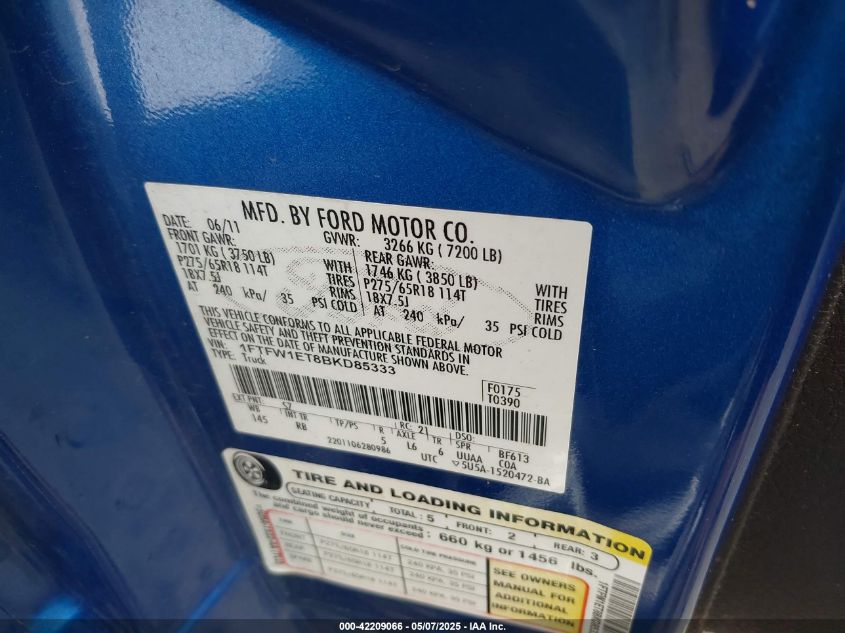 2011 Ford F-150 Fx4 VIN: 1FTFW1ET8BKD85333 Lot: 42209066