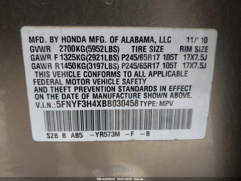 2011 HONDA PILOT VIN: 5FNYF3H4XBB030458