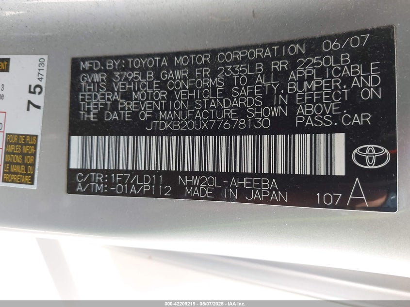 2007 TOYOTA PRIUS VIN: JTDKB20UX77678130