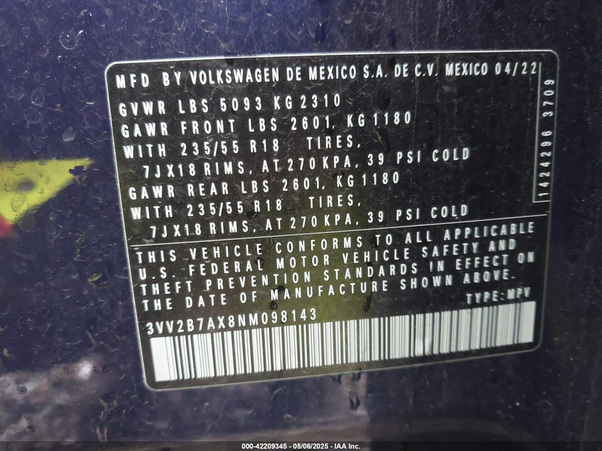2022 VOLKSWAGEN TIGUAN 2.0L I-4 DI, DOHC, V(VIN: 3VV2B7AX8NM098143