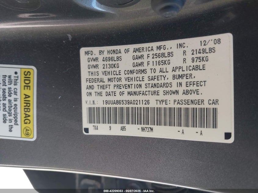 2009 ACURA TL VIN: 19UUA86539A021126