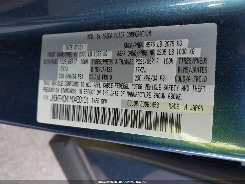 2021 Mazda Cx-5 Touring VIN: JM3KFACM1M0460101 Lot: 42209490