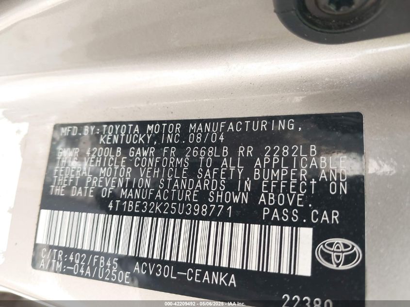 2005 Toyota Camry Le VIN: 4T1BE32K25U398771 Lot: 42209492