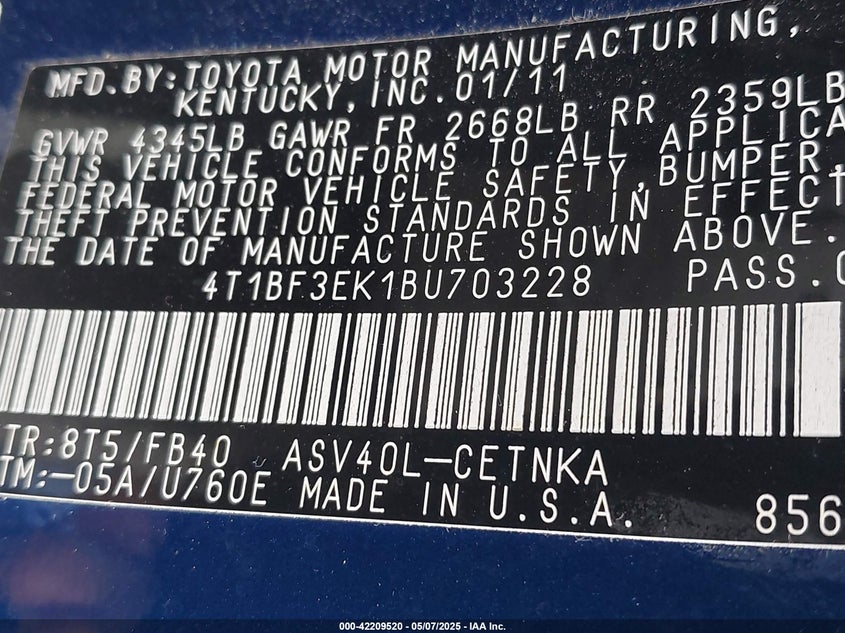 2011 TOYOTA CAMRY VIN: 4T1BF3EK1BU703228