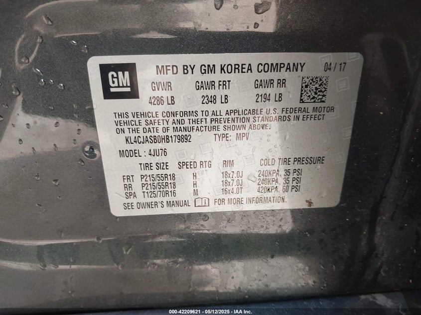 2017 BUICK ENCORE VIN: KL4CJASB0HB179892