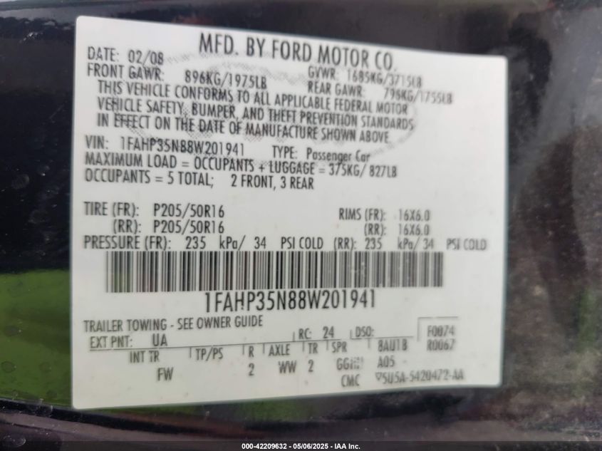 2008 Ford Focus Se/Ses VIN: 1FAHP35N88W201941 Lot: 42209632