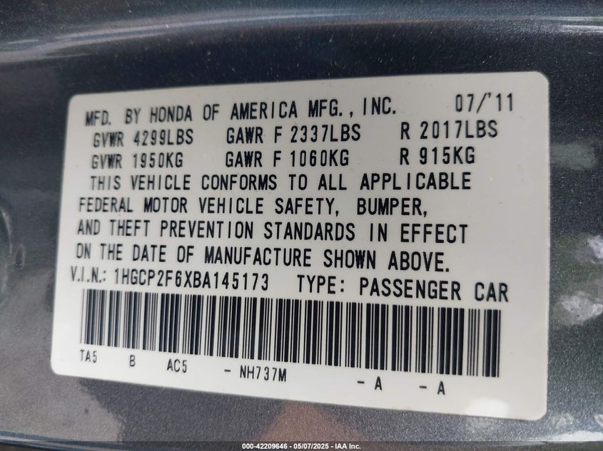 2011 HONDA ACCORD VIN: 1HGCP2F6XBA145173