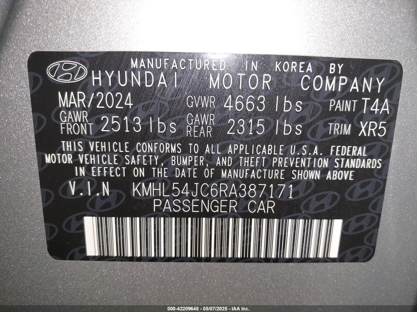 2024 HYUNDAI SONATA VIN: KMHL54JC6RA387171