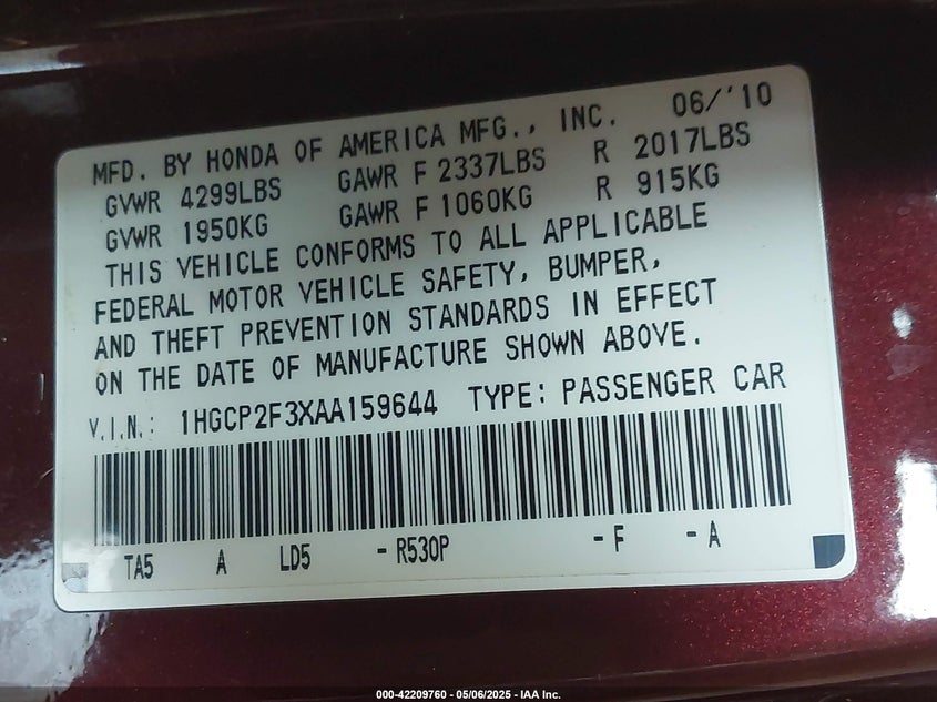 2010 HONDA ACCORD VIN: 1HGCP2F3XAA159644