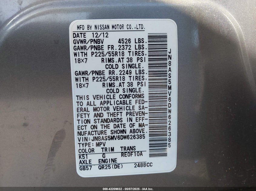2013 NISSAN ROGUE VIN: JN8AS5MV6DW626385