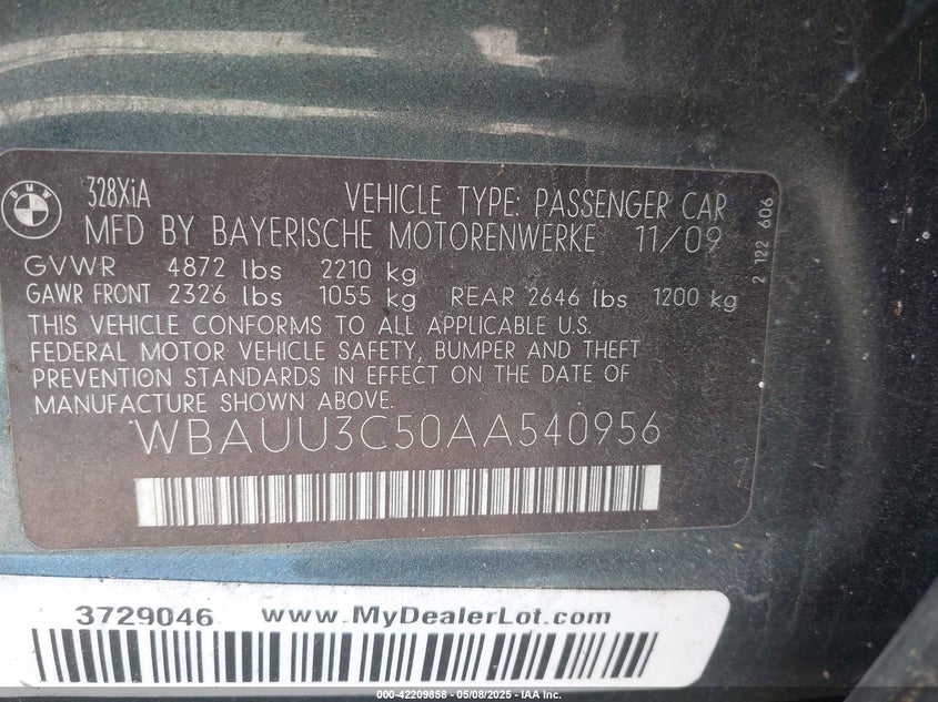 2010 BMW 328I VIN: WBAUU3C50AA540956