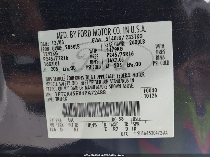 2004 Ford Ranger Edge/Tremor/Xlt VIN: 1FTZR45EX4PA72488 Lot: 42209882