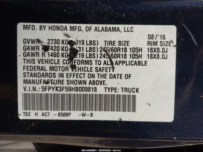 2017 HONDA RIDGELINE RTL - 5FPYK3F59HB009818