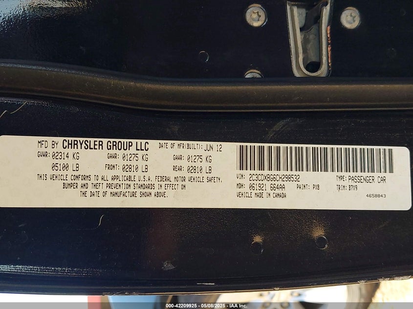 2012 Dodge Charger Se VIN: 2C3CDXBG6CH298532 Lot: 42209925