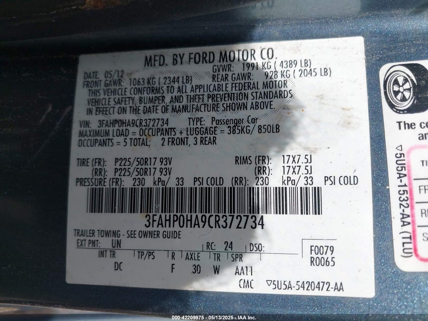 2012 FORD FUSION VIN: 3FAHP0HA9CR372734