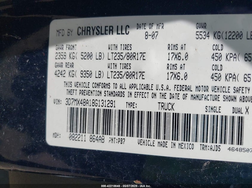 2008 Dodge Ram 3500 Slt VIN: 3D7MX48A18G131291 Lot: 42210048