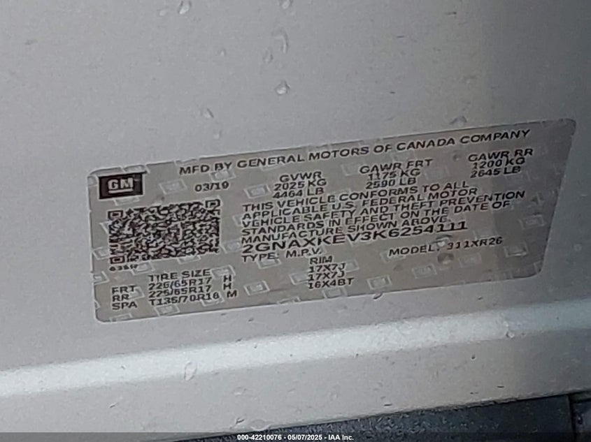 2019 CHEVROLET EQUINOX LT - 2GNAXKEV3K6254111