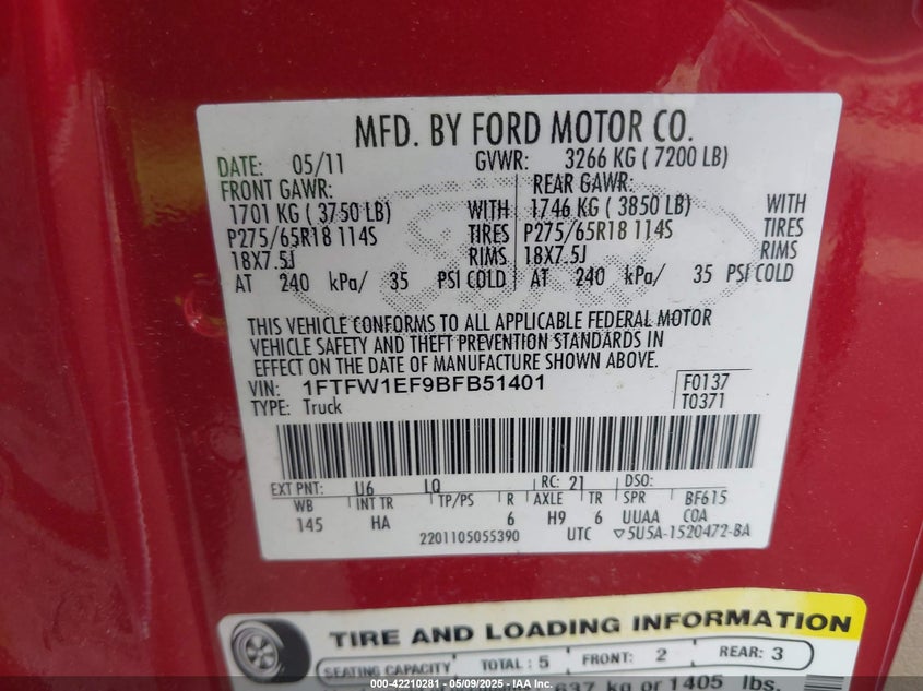 2011 FORD F-150 VIN: 1FTFW1EF9BFB51401