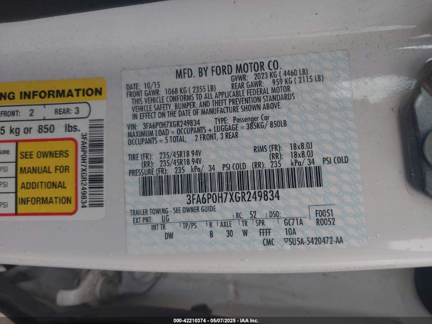 2016 Ford Fusion Se VIN: 3FA6P0H7XGR249834 Lot: 42210374