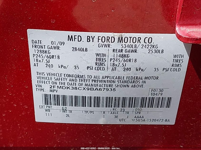 2009 Ford Edge Sel VIN: 2FMDK38CX9BA67935 Lot: 42210392