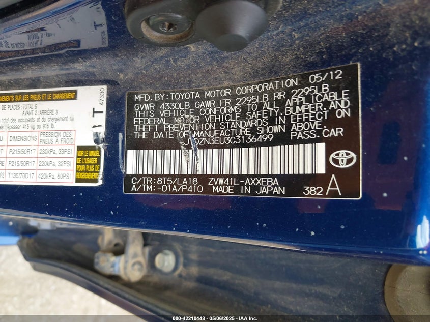 2012 TOYOTA PRIUS V VIN: JTDZN3EU3C3136499