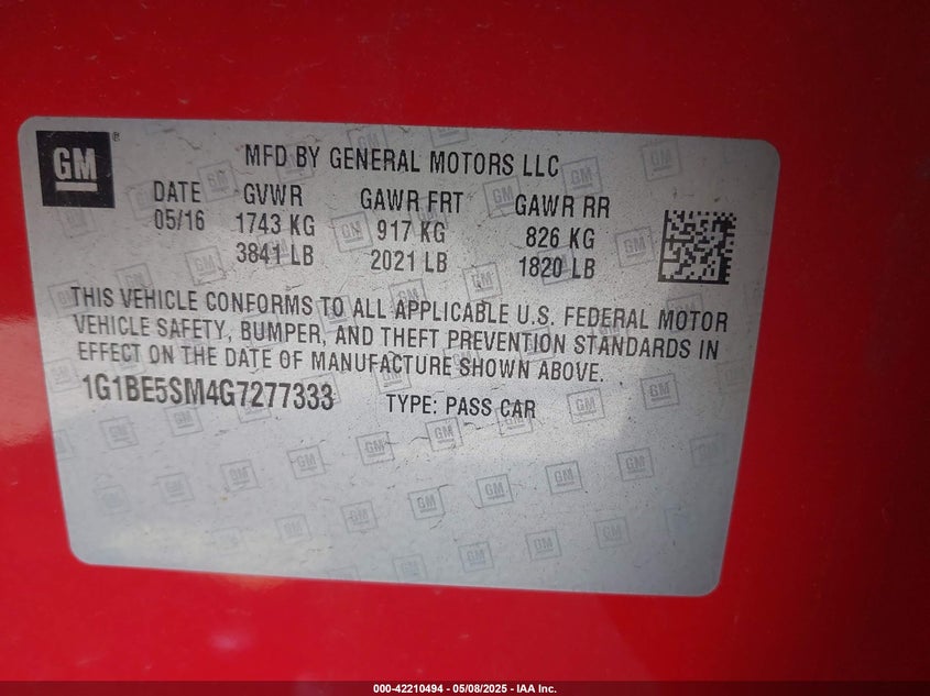 2016 CHEVROLET CRUZE VIN: 1G1BE5SM4G7277333