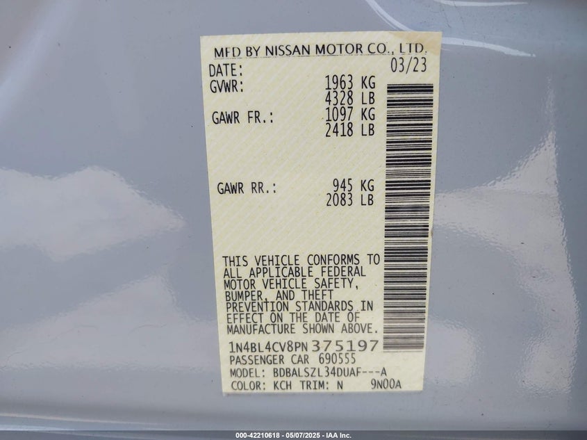 2023 NISSAN ALTIMA VIN: 1N4BL4CV8PN375197