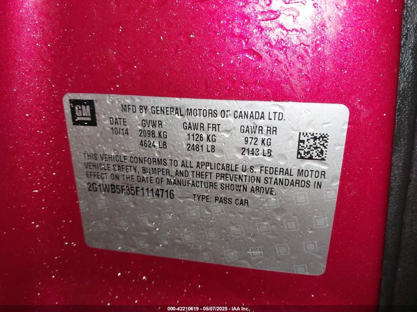 2015 Chevrolet Impala Limited Lt VIN: 2G1WB5E35F1114716 Lot: 42210619