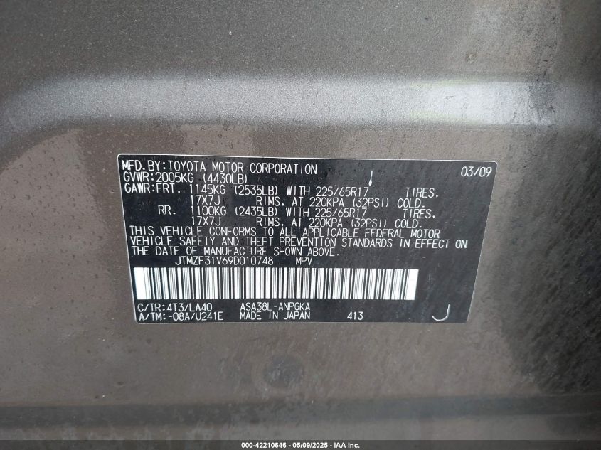 2009 Toyota Rav4 Limited VIN: JTMZF31V69D010748 Lot: 42210646