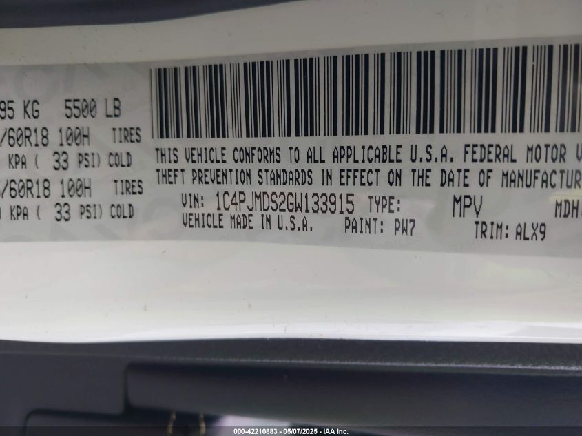 2016 Jeep Cherokee Limited VIN: 1C4PJMDS2GW133915 Lot: 42210883