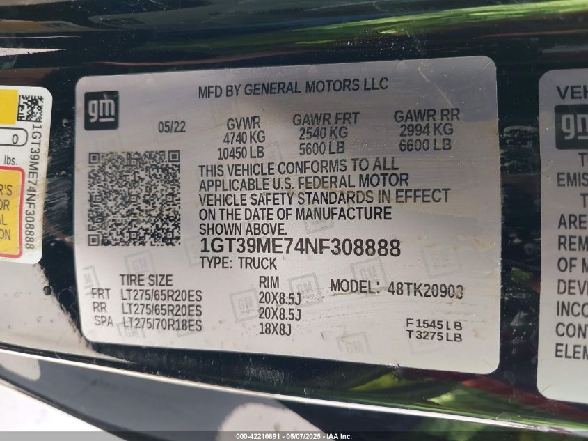 2022 GMC Sierra 2500Hd 4Wd Long Bed Sle VIN: 1GT39ME74NF308888 Lot: 42210891