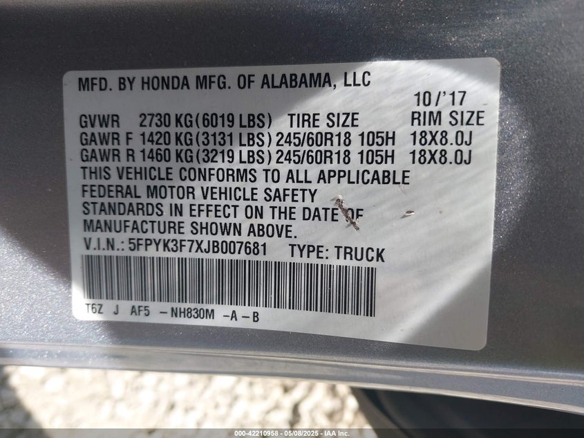 2018 HONDA RIDGELINE RTL-E - 5FPYK3F7XJB007681