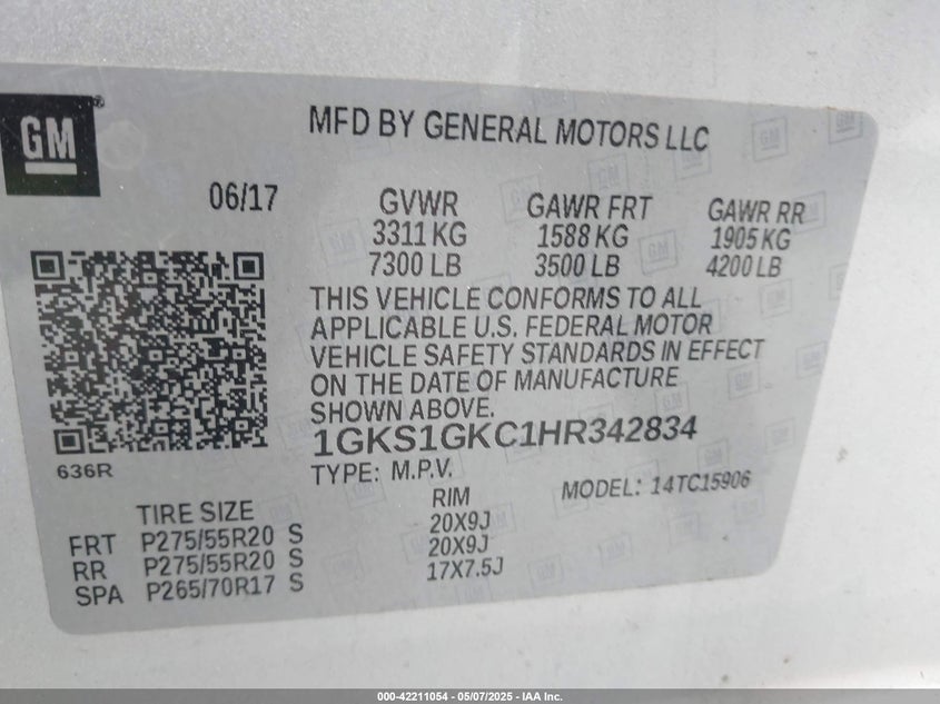 2017 GMC YUKON XL VIN: 1GKS1GKC1HR342834