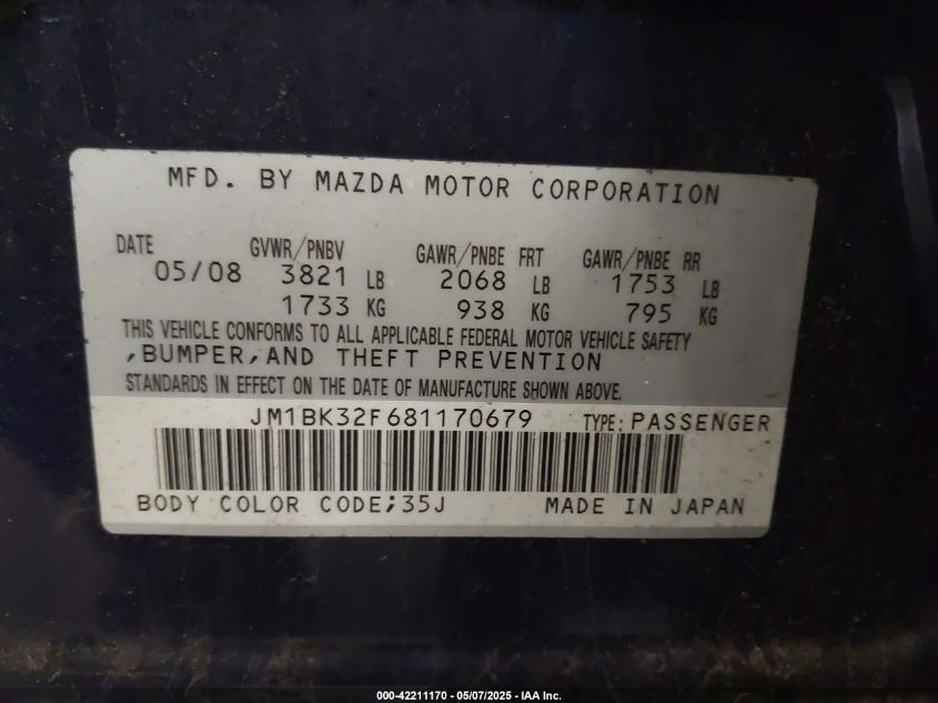 2008 Mazda Mazda3 I Touring Value VIN: JM1BK32F681170679 Lot: 42211170