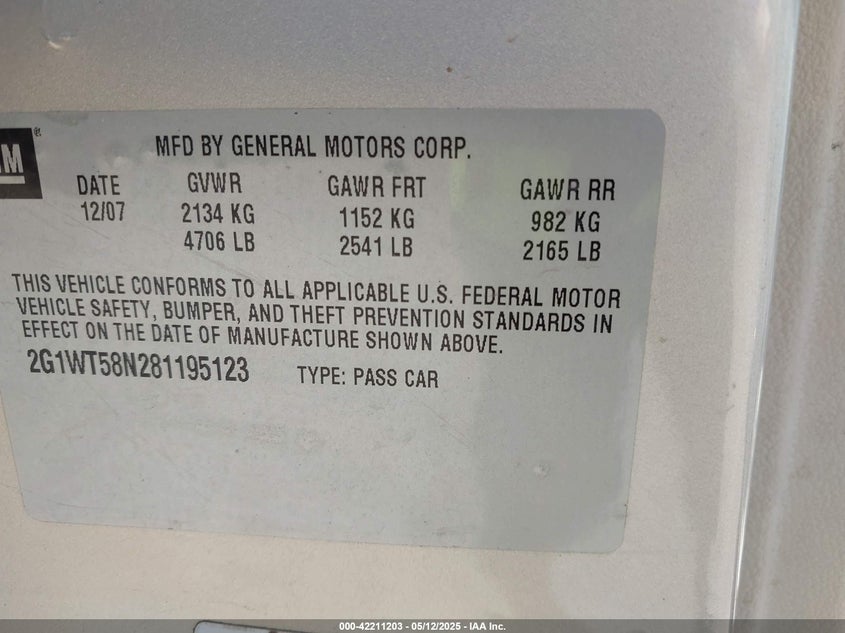 2008 CHEVROLET IMPALA VIN: 2G1WT58N281195123