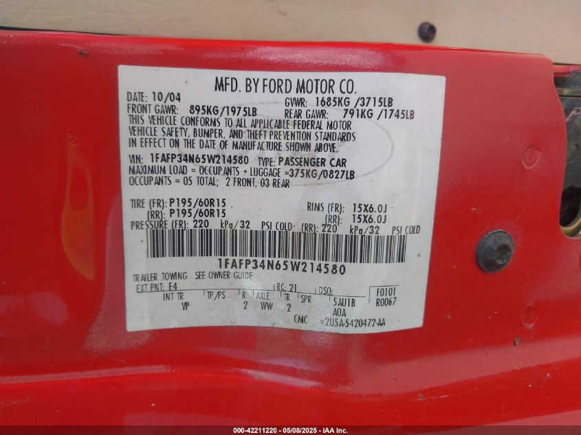 2005 Ford Focus Zx4 VIN: 1FAFP34N65W214580 Lot: 42211220