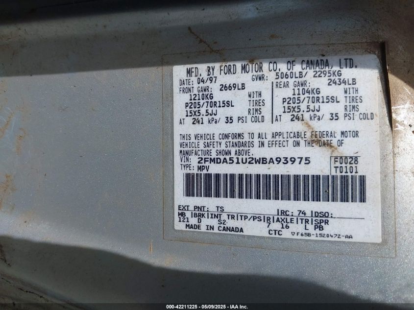 1998 Ford Windstar Wagon VIN: 2FMDA51U2WB93975 Lot: 42211225