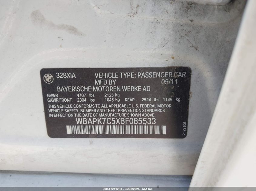 2011 BMW 328I xDrive VIN: WBAPK7C5XBF085533 Lot: 42211263