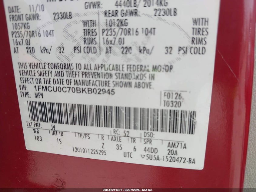 2011 Ford Escape Xls VIN: 1FMCU0C70BKB02945 Lot: 42211331