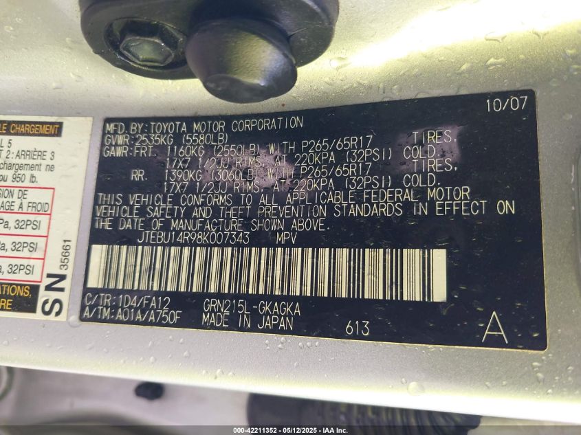 2008 Toyota 4Runner Sr5 VIN: JTEBU14R98K007343 Lot: 42211352