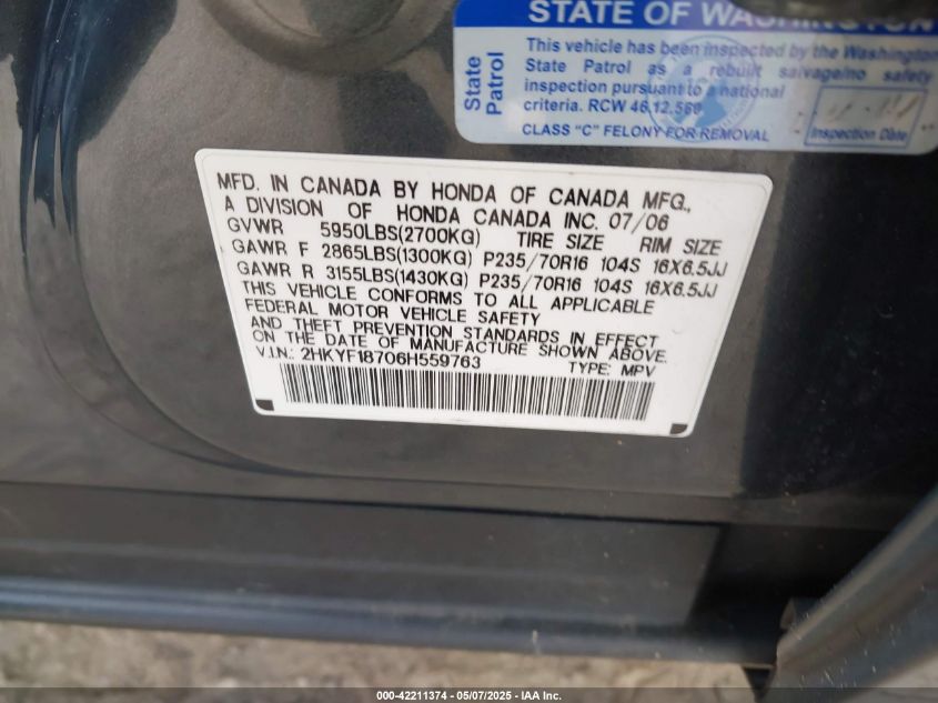 2006 Honda Pilot Ex-L VIN: 2HKYF18706H559763 Lot: 42211374