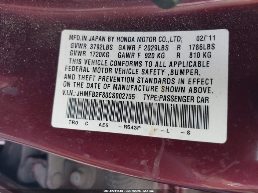 2012 HONDA CIVIC VIN: JHMFB2F80CS002755