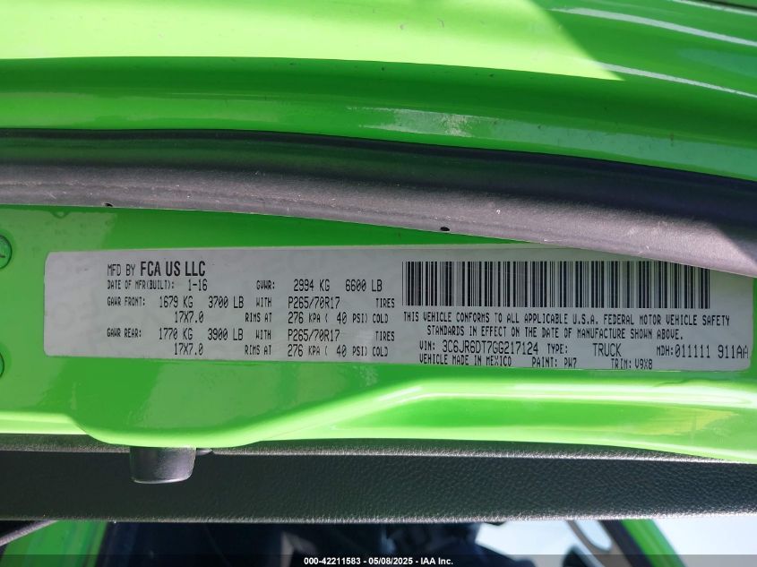 2016 Ram 1500 Tradesman VIN: 3C6JR6DT7GG217124 Lot: 42211583