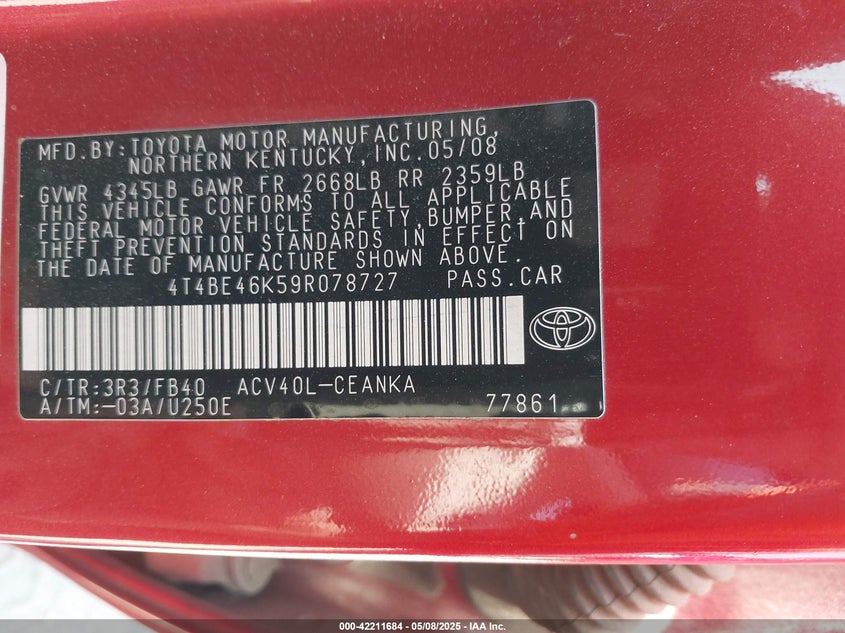 2009 TOYOTA CAMRY VIN: 4T4BE46K59R078727
