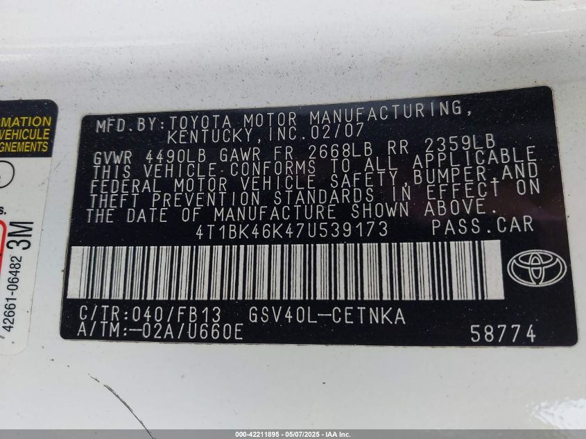 2007 Toyota Camry Le V6 VIN: 4T1BK46K47U539173 Lot: 42211895