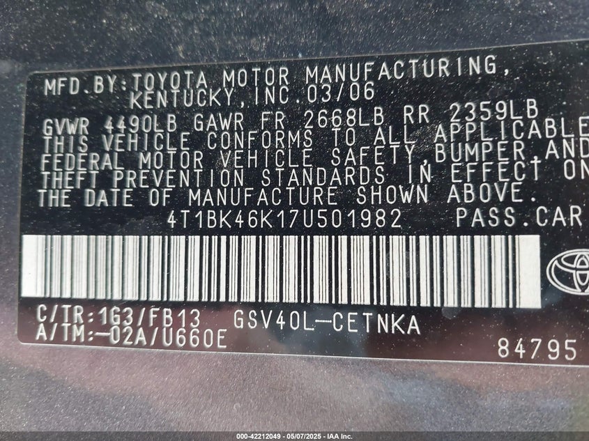 2007 TOYOTA CAMRY VIN: 4T1BK46K17U501982