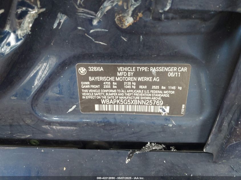 2011 BMW 328I xDrive VIN: WBAPK5G5XBNN25769 Lot: 42212090