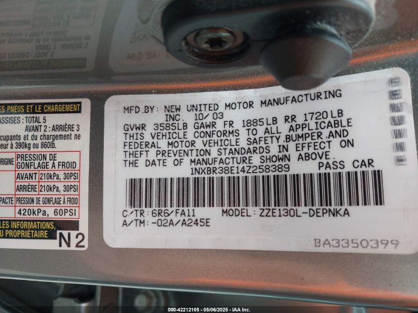 2004 Toyota Corolla Le VIN: 1NXBR38E14Z258389 Lot: 42212105