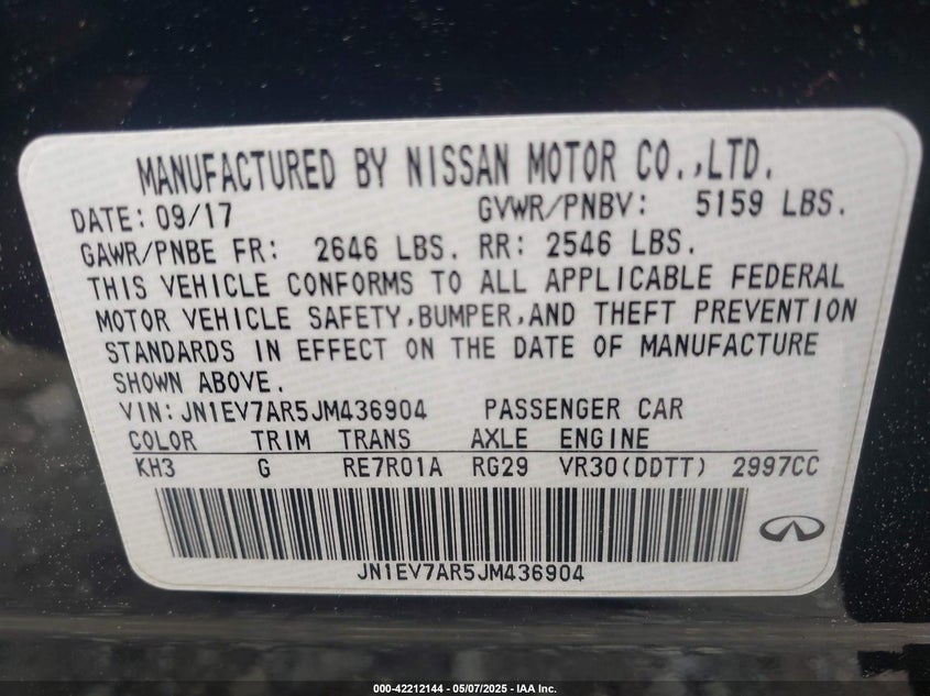 2018 INFINITI Q50 VIN: JN1EV7AR5JM436904