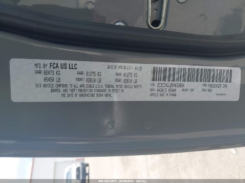 2019 Dodge Charger Scat Pack Rwd VIN: 2C3CDXGJ2KH633854 Lot: 42212517